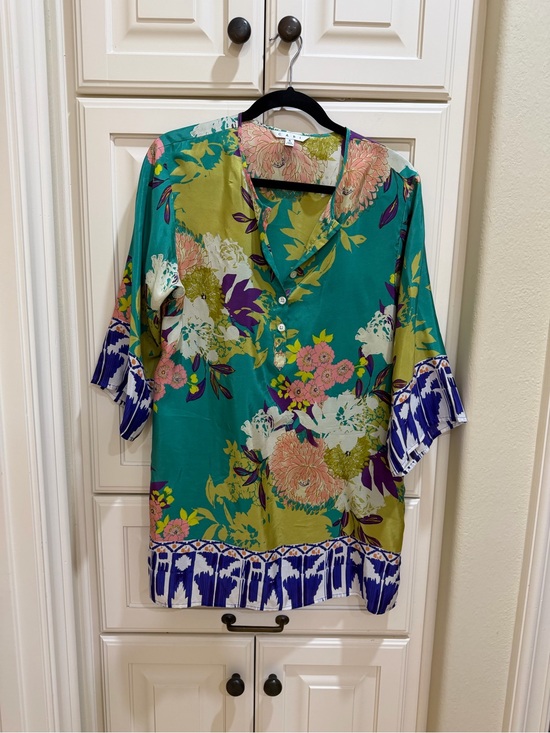 CAbi Tops - CAbi Teal and Pink Floral Blouse with Accents